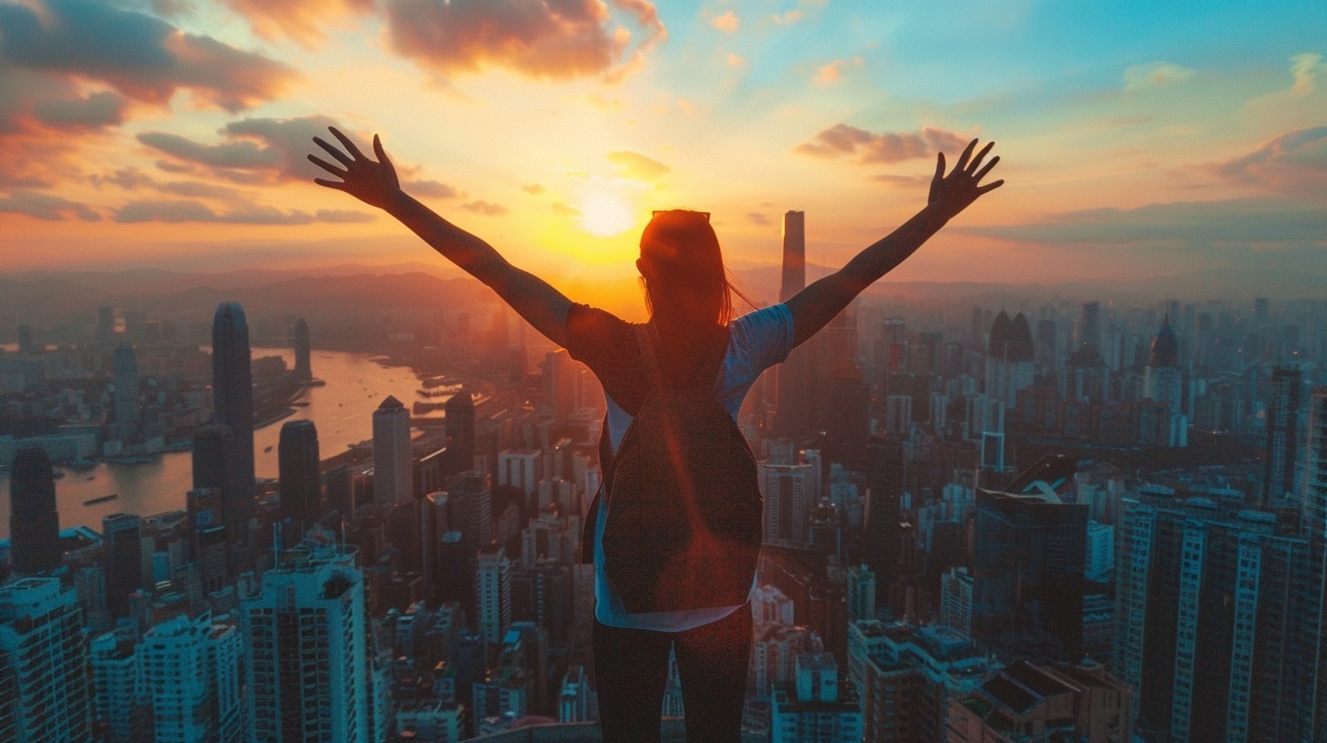 Person standing with arms raised overlooking a city skyline at sunset