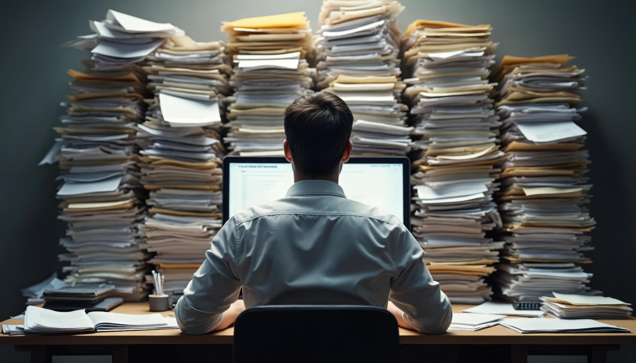 Professional overwhelmed by stacks of paperwork at their desk